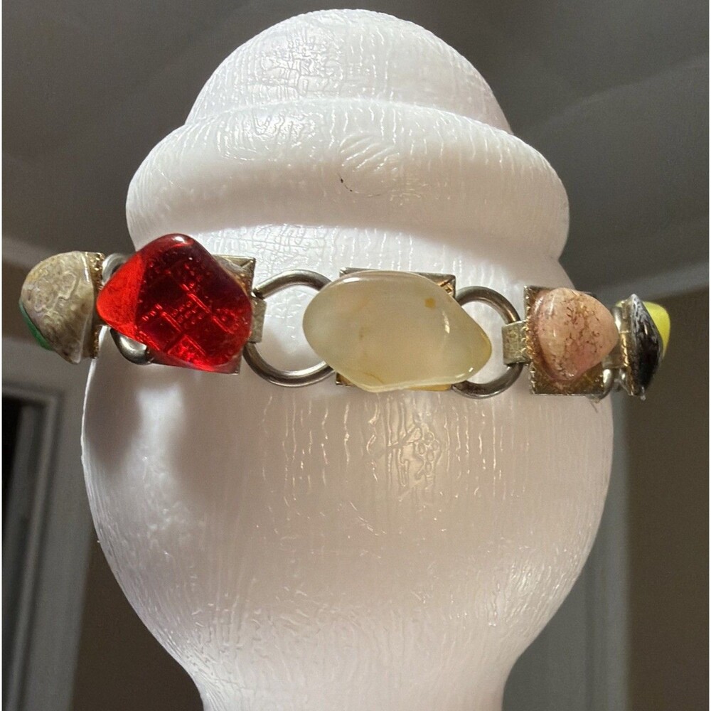 Vintage Multi Color Natural Stone Silver Tone Link Bracelet Chunky Boho Women 7"